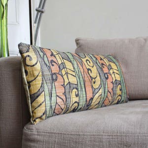 Lumbar Green Orange Tropical Pillow /jacquard Cushion Cover. Recycled Vintage Obi Sash. 30x65cm 12x26'' or 30x60. image 1
