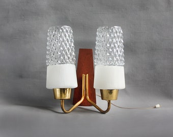 1960s double wall sconce. Teak brass base ad Glass lampshades. Midcentury Modern Minimalist wall light