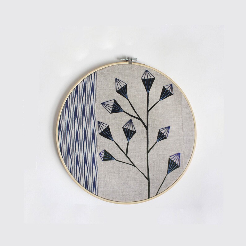 Blue modern embroidery on hoop. 25cm/ 10'' original silk screen print, embroidered wall hanging. Contemporary textile art, 2 styles