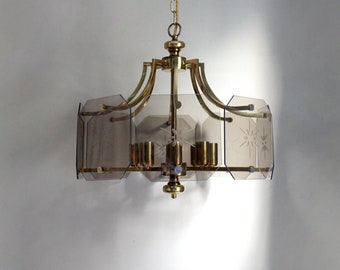 Large 1960s 8-way modern chandelier, brass, smoky glass, Midcentury Modern ceiling light in Hollywood Regency style