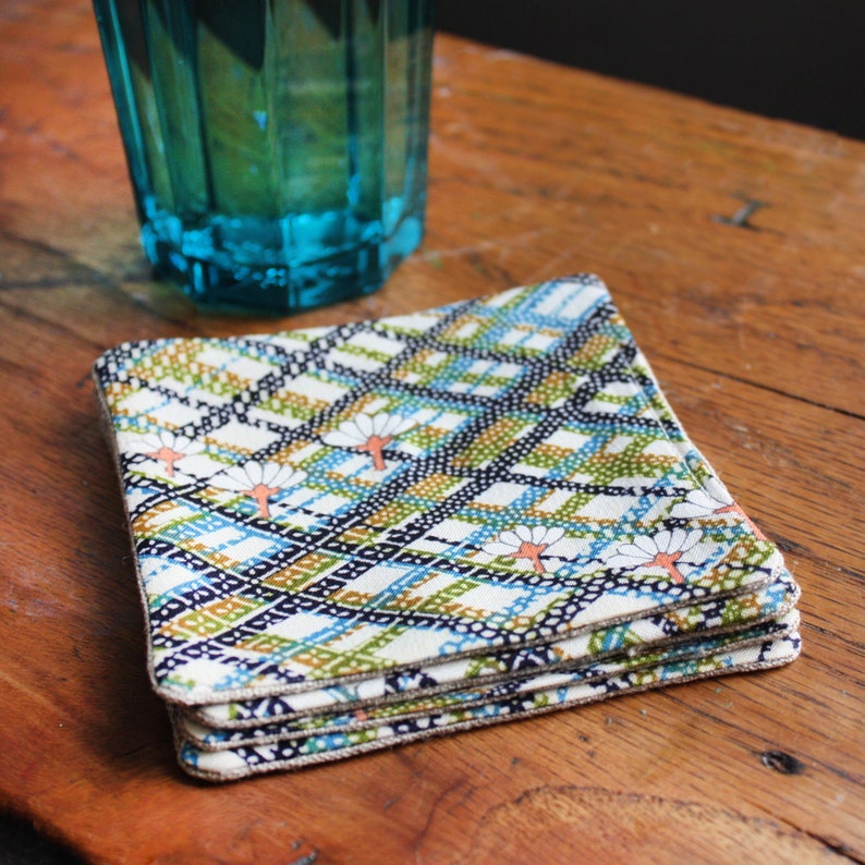 Set of Four sewn kimono coasters. Retro plaid vintage kimono fabric. Teal, pink. Handmade. zero waste image 1