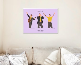 May include: A rectangular wall art print on a light purple background featuring three stylized figures of musicians. The text reads You can let it go, Together, Together, Wembley M1, 15th June 2024. The figures wear dark jackets and yellow shirts.