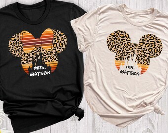 Camiseta de leopardo Minnie Mickey Camisetas a juego para el Sr. y la Sra., Camiseta para parejas de Disneyland, Camiseta para marido y mujer para aniversario, Camiseta para viaje familiar a Disney