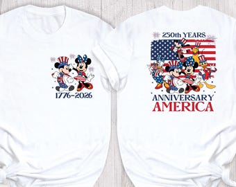 Camiseta del 250.º aniversario de Disney América, camiseta del 4 de julio, camiseta con la bandera de EE. UU., camisetas de Mickey Friends de 1776 a 2026, camiseta de Minnie Mickey para celebrar el 250.º aniversario.