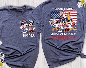 Camiseta del 250 aniversario de Disney en Estados Unidos, camiseta del 4 de julio, camisetas familiares a juego con la bandera de EE. UU., camiseta personalizada de Minnie, Mickey y sus amigos para celebrar el 250 aniversario.