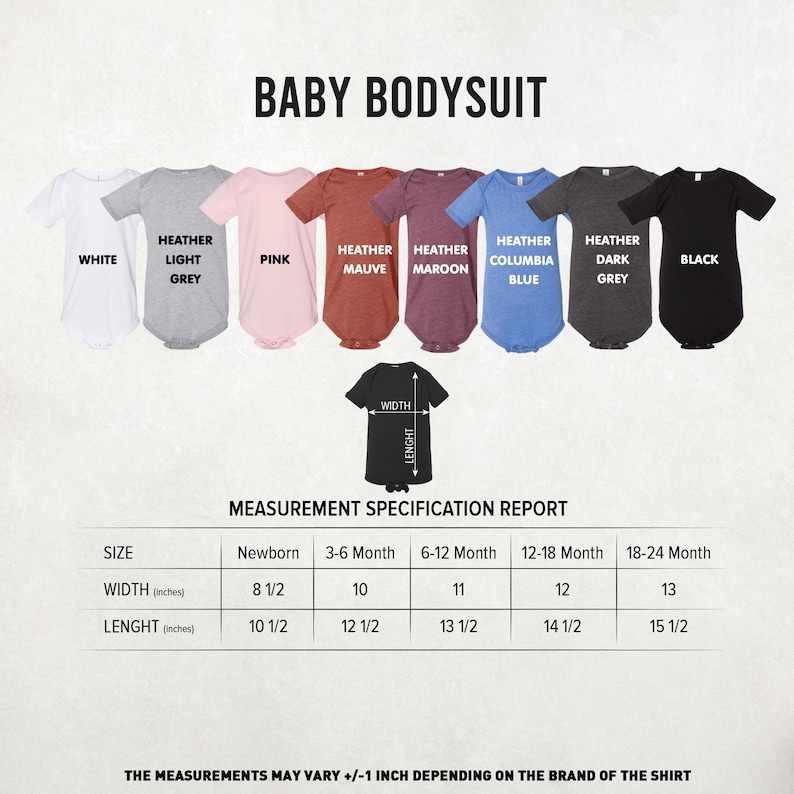Puede incluir: Varios bodies para beb&eacute;s en blanco, gris, rosa, malva, granate, azul, gris oscuro y negro. La imagen incluye una tabla de medidas con tallas desde reci&eacute;n nacido hasta 18-24 meses, con anchos de 21.6 a 33 cm y largos de 26.7 a 39.4 cm.