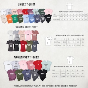 Puede incluir: Imagen de varias camisetas en diferentes colores, incluyendo estilos unisex, cuello en V para mujer y cuello redondo. Tambi&eacute;n se incluyen tablas de medidas, que detallan las medidas de pecho y largo en pulgadas.