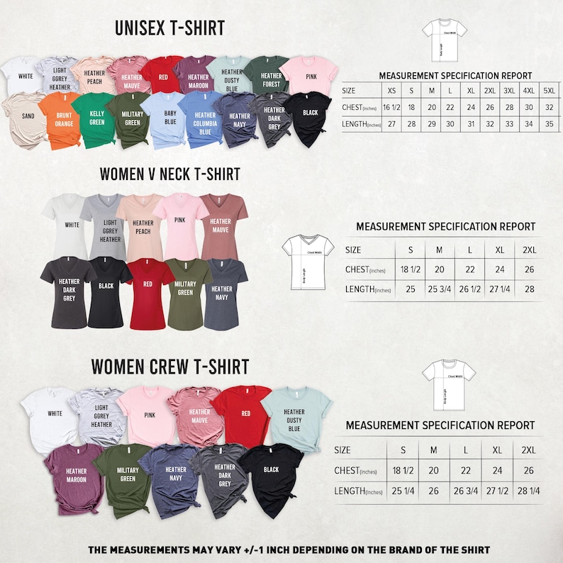 Puede incluir: Imagen de varias camisetas en diferentes colores, incluyendo estilos unisex, cuello en V para mujer y cuello redondo. Tambi&eacute;n se incluyen tablas de medidas, que detallan las medidas de pecho y largo en pulgadas.
