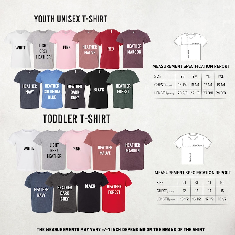 Puede incluir: Imagen de camisetas unisex para j&oacute;venes y ni&ntilde;os peque&ntilde;os en varios colores, como blanco, rosa y gris jaspeado. El informe de especificaciones de medidas muestra el pecho y el largo en pulgadas.