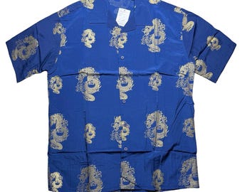 Vintage 2000s Y2K Dagacci dragon polyester blue gold loose baggy shirt LARGE