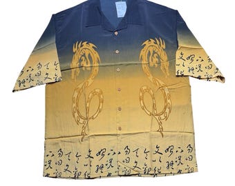 Vintage 2000s Y2K Dagacci dragon polyester yellow black loose baggy shirt 3XL