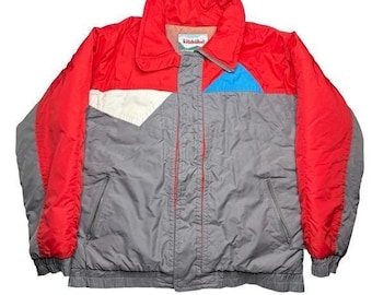 Chaqueta acolchada vintage Kitzbühel para clima frío, color gris nieve y rojo, talla XL