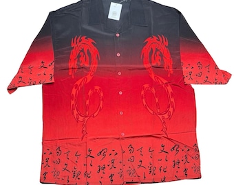 Vintage 2000s Y2K Dagacci dragon polyester black red loose baggy shirt 3XL