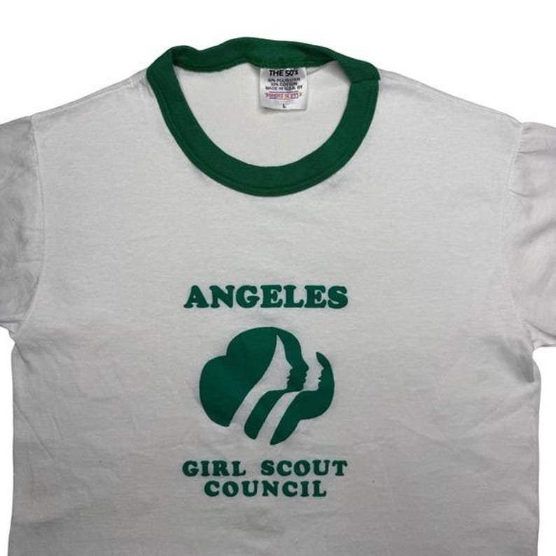 Vintage Girl Scouts staff green ringer shirt S zdjęcie 1