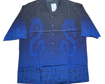 Vintage 2000s Y2K Dagacci dragon polyester blue black loose baggy shirt 3XL