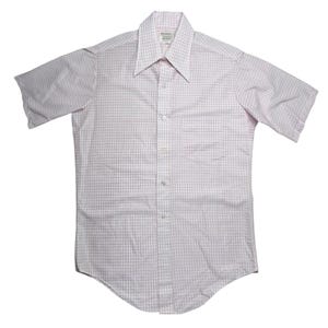 May include: A short-sleeved, button-down shirt with a pink and white checkered pattern. The shirt has a pointed collar, a chest pocket, and a curved hem. The shirt is made of a lightweight fabric.