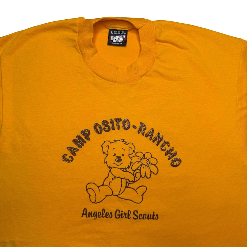 Vintage 80s Camp Osito Rancho - Angels Girl Scouts yellow shirt LARGE image 1