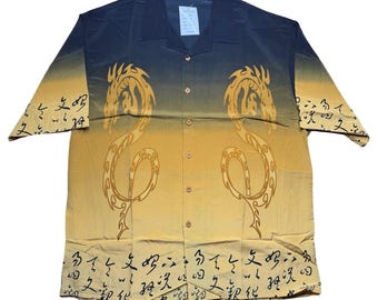 Vintage 2000s Y2K Dagacci dragon polyester yellow black loose baggy shirt 2XL