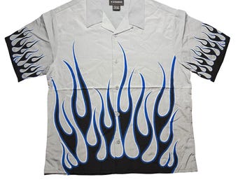 Vintage 2000s Y2K No Boundaries flames polyester gray loose baggy shirt LARGE