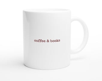 Taza de cerámica blanca de café y libros / Regalo acogedor para amantes de los libros de 325 ml
