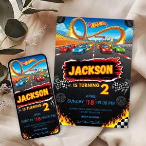 Invitación de cumpleaños editable de Hot Cars, invitación digital para fiesta de cumpleaños de Hot Cars Let's Race, tarjeta de cumpleaños para niños, descarga digital instantánea