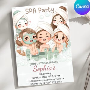 編集可能なスパバースデーパーティー招待状、ティーンバースデースパパーティー招待状、贅沢なバースデーパーティー、編集可能なデジタルCanvaテンプレート