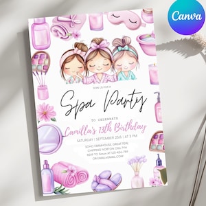 Spa Birthday Party Invitation Girl Pink Spa Birthday Invite Pink Bow Invitation Pink Pamper Party Editable Birthday Glam Canva Template