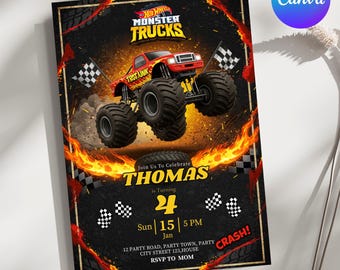 Invitación de cumpleaños de Monster Truck, invitación de cumpleaños de carreras, invitación de cumpleaños de Cars, invitación editable para fiesta de cumpleaños de niño en Canva