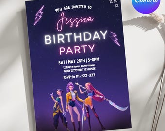 Kpop Demon Hunters Party Invitation | Editable Modern Canva Design | Kids Anime Birthday Template | Digital Instant Download