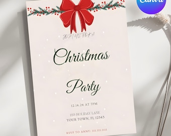 May include: A Christmas party invitation with a red bow and green garland at the top. The words "Christmas Party" are in green script. The date, time, and location are listed below, along with an RSVP contact.
