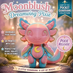 以下が含まれることがあります： ピンク、青、黄色の3DプリントされたMoonblush Dreamwing Pixieフィギュア。笑顔の顔、大きな耳、胸に三日月があります。「Adorable Pixie Friend」と「Pixie Release」の文字が含まれています。