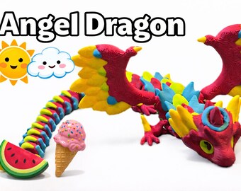 Angel Dragon – Ruchoma, drukowana w 3D zabawka w kształcie smoka fantasy | Kolorowy, elastyczny smok | Zabawka na biurko | Prezent dla miłośników smoków