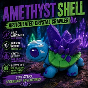 Amethyst Shell Crystal Schildkröte Gliederspielzeug, 3D gedruckte Flexi-Schildkröte, Edelstein-Rücken-Kreatur, Fantasy-Schreibtisch-Spielzeug, süßes Schildkröten-Geschenk