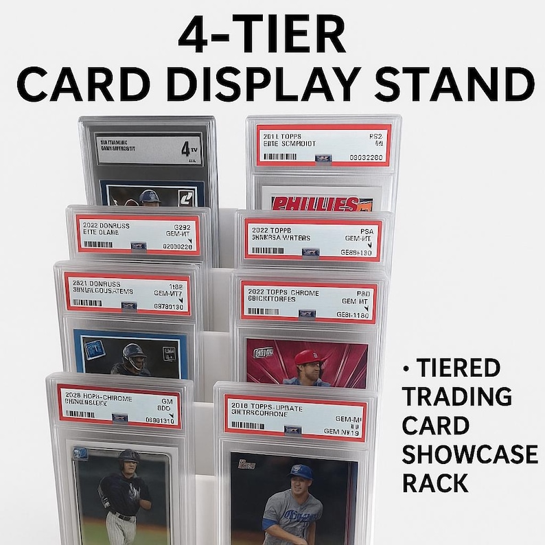 May include: A clear, 4-tier card display stand showcasing graded trading cards. The stand features the text "4-TIER CARD DISPLAY STAND" and "TIERED TRADING CARD SHOWCASE RACK". Each tier holds multiple cards in protective cases.