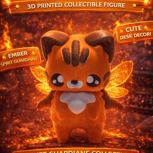 Könnte beinhalten: Eine 3D-gedruckte Sammlerfigur von Cinder the Cat Pixie, einer orangefarbenen katzenartigen Kreatur mit großen Augen und Feenflügeln. Die Figur hat braune Akzente und gehört zur Pocket Guardians Collection. Der Text "Meet Cinder the Cat Pixie" ist enthalten.