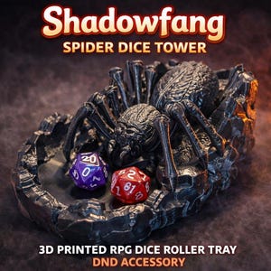 May include: A black 3D-printed spider dice tower with the text "Shadowfang SPIDER DICE TOWER". The tower holds two multi-sided dice, one purple and one red. The text "3D PRINTED RPG DICE ROLLER TRAY DND ACCESSORY" is at the bottom.