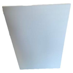 May include: A white, trapezoidal planter with a smooth surface. The planter has a slightly flared shape, wider at the top and narrower at the base. It is designed for indoor or outdoor use.