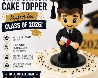 Male Graduate Cake Topper, 3D Printed Graduation Decoration, Cap Gown Party Decor