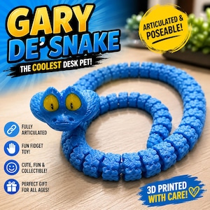 May include: A blue articulated toy snake named "Gary De'Snake" with yellow eyes. The text on the image says "The Coolest Desk Pet!" and "Articulated & Poseable!" It is a fun fidget toy, cute, fun, collectible, and a perfect gift for all ages. The snake is 3D printed with care.