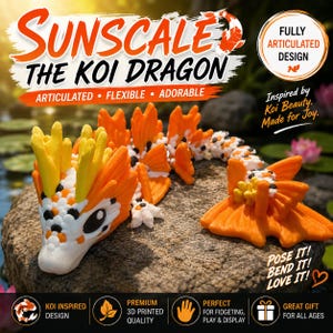 Koi Dragon Articulated Fidget Toy – Flexible 3D Printed Fantasy Fish Dragon – Orange Koi Desk Pet – Cute Collectible Dragon Gift