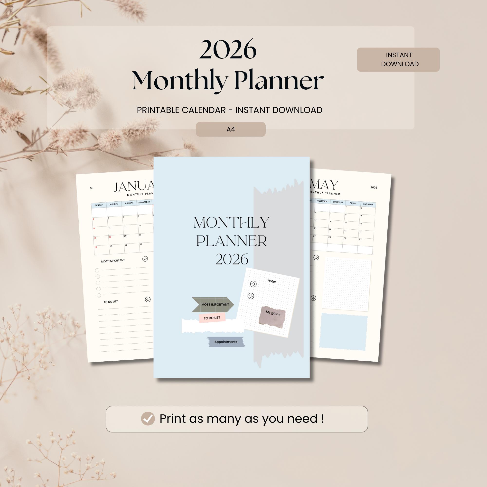 2026 Minimalist Monthly Calendar | Planner | Printable - Etsy
