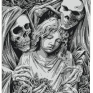 Puede incluir: Ilustración en escala de grises de una persona joven rodeada por dos figuras esqueléticas. La persona joven sostiene un ramo de rosas. El fondo presenta un patrón floral texturizado. La obra tiene un tema gótico o macabro.