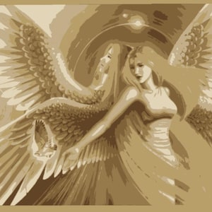 Puede incluir: Ilustración en tonos sepia que representa dos figuras con alas de ángel. Las figuras, con cabello suelto y vestiduras drapeadas, están en un abrazo elegante. La obra de arte evoca una sensación de serenidad y belleza etérea.