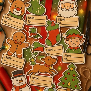 Christmas Gift Sticker Labels Holiday Name Tags Santa Reindeer Snowman To From Labels Gift Wrapping Stickers Sheet