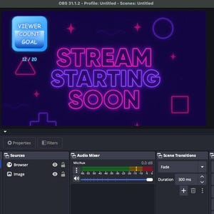 May include: Screenshot of OBS Studio software interface. The screen displays a "Stream Starting Soon" graphic in neon purple and pink, with a viewer count goal of 12/20. The interface includes audio mixer controls and scene transitions.