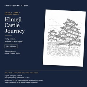 以下が含まれることがあります： Himeji Castle Journeyというタイトルのデジタル塗り絵で、30のシーンと文化探訪ガイドが含まれています。表紙には、濃い青の背景に姫路城の白黒の線画が描かれており、英語、A4、USレターサイズのテキストが記載されています。