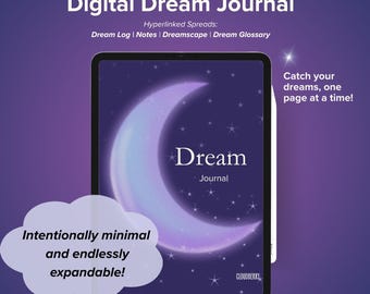 Può includere: Un diario dei sogni digitale visualizzato su un tablet. La copertina del diario presenta un design a mezzaluna con le parole "Dream Journal". Il testo sull'immagine include "Digital Dream Journal", "Cattura i tuoi sogni, una pagina alla volta!" e "Intenzionalmente minimalista e infinitamente espandibile!"