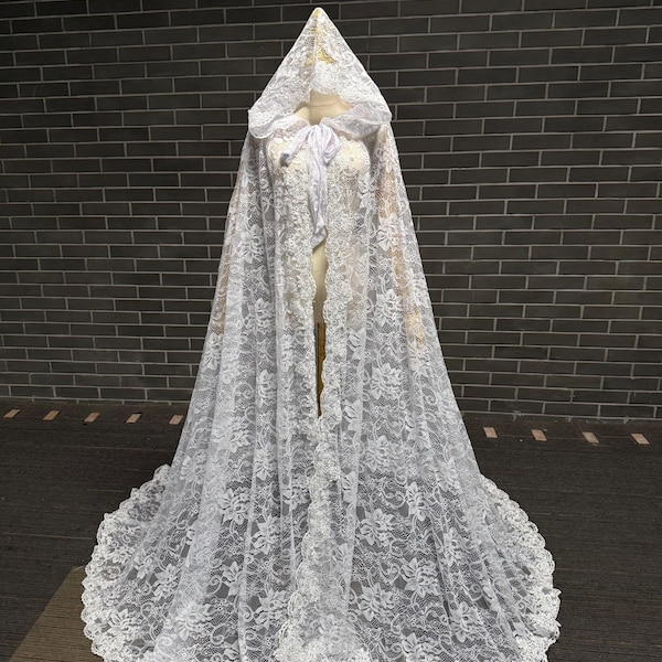 Floral Lace Bridal Hooded Cape, Long Cathedral Wedding Cloak, Dramatic Lace Train Cape, Romantic Bride Cover Up