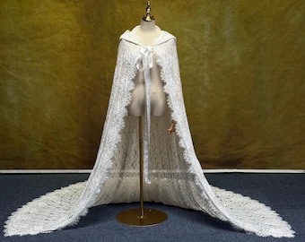 Lace Bridal Cape Shawl, Ribbon Tie Wedding Wrap, Long Train Lace Cover Up