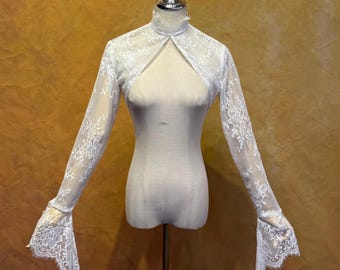 Detachable Lace Bridal Bolero with Bell Sleeves, High Neck Wedding Cover Up for Bridal Gown
